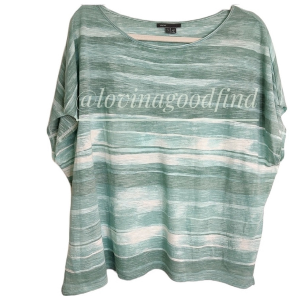 VINCE Green White Short Sleeve Oversized Tie Dye Stripe Blouse EUC sz L - Picture 2 of 7